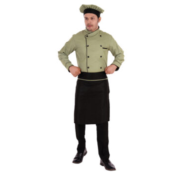 Chef Coat Uniform Single Pocket Black Piping Fixed Button Full Set Green