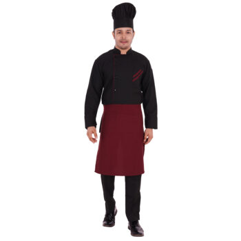 Catering Live Counter Uniform Black With Chinese Collar Maroon Piping Full Set