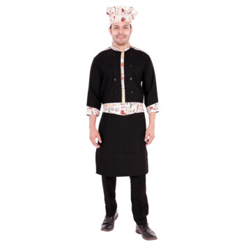 Catering Live Counter Uniform Black With Print Apron Attached Chef Coat with Cap